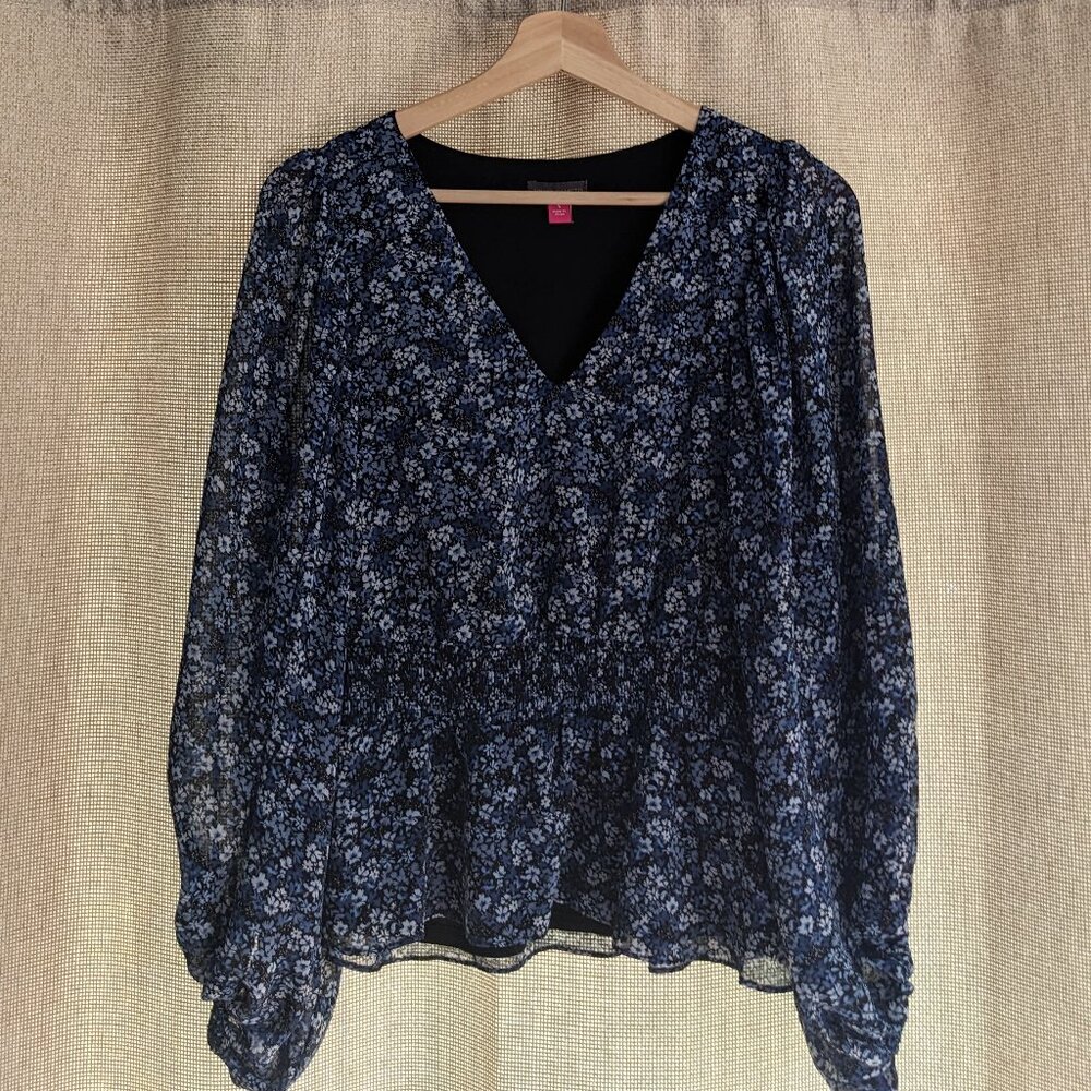 Vince Camuto Blue and Black Flower Floral V-Neck Lined Long Sleeve Blouse Size S